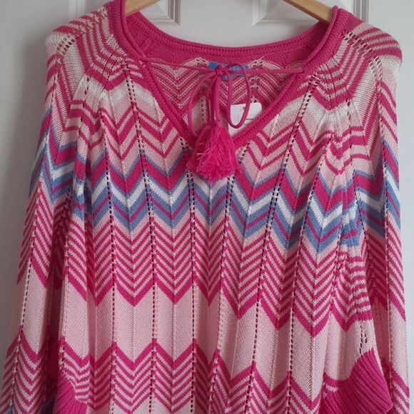 Burgess V-Neck Pom CottnSilk Blend Pink Blue Chevron Knit Poncho Sweater NWT $70 - Picture 5 of 16
